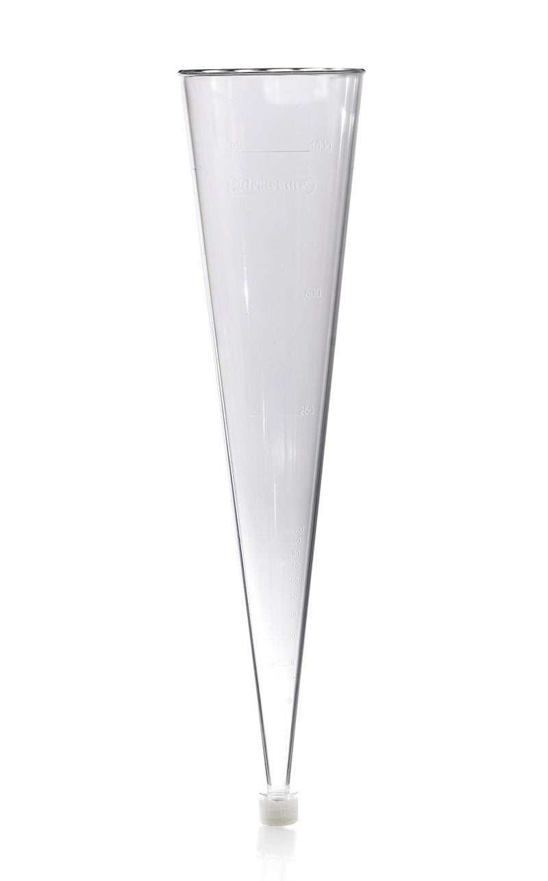 Bel-Art SP Imhoff Settling Cone Beaker â€“ 1000 mL Clear Styrene Cone with Graduations & Leak-Proof Polyethylene Plug for Sediment Analysis in Water, Wastewater & Sewage Testing (H38990-0000)